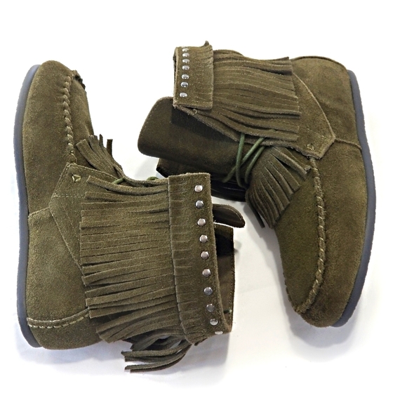 Yellow Box Casual Winter Suede Fringe Boho Moccasin Boot Green Sz 6 - Picture 3 of 9